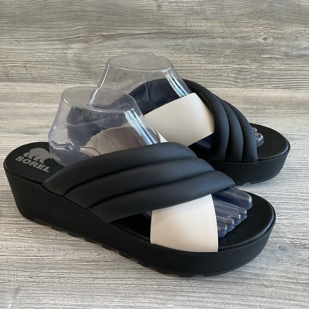 Sorel Womens Cameron Flatform Puff Black Sea Salt Leather Sandals Size 12 US NEW